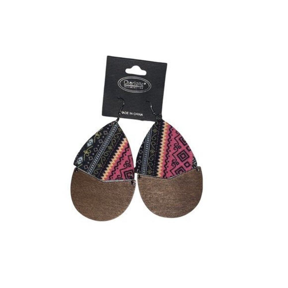 New NWT Wooden Fabric Covered Boho Aztec Dangle Earrings Pink Black Multicolored
